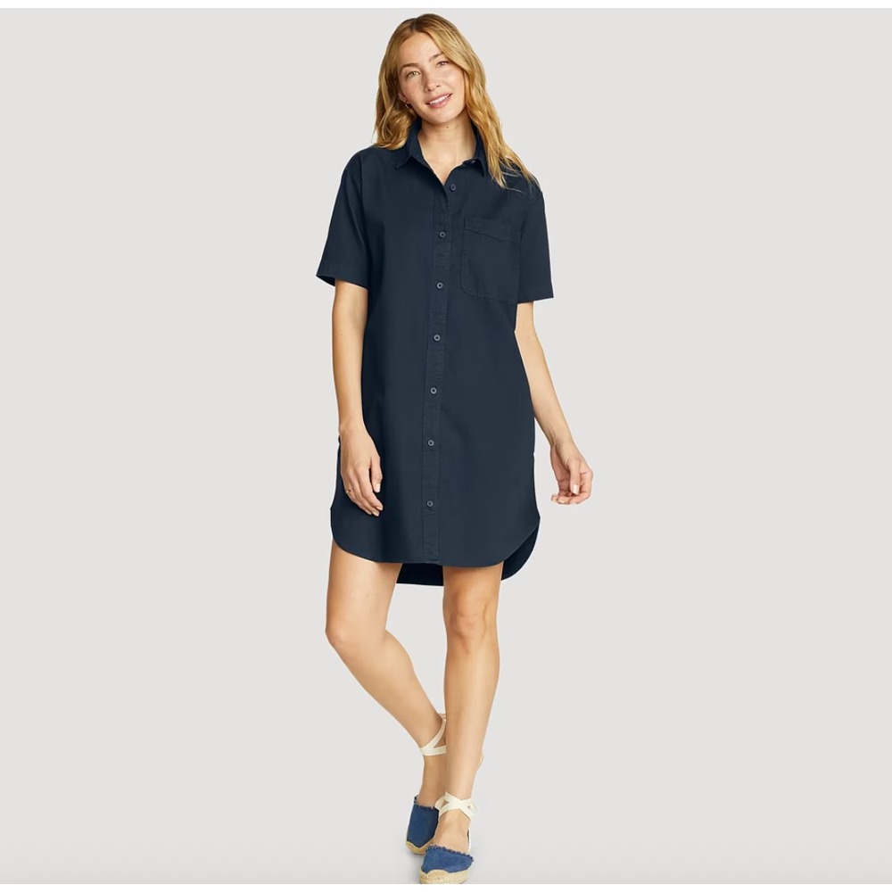 NWT Eddie Bauer Everyday Cotton Shirt Dress XL Button Front Classic Blue Outdoor
